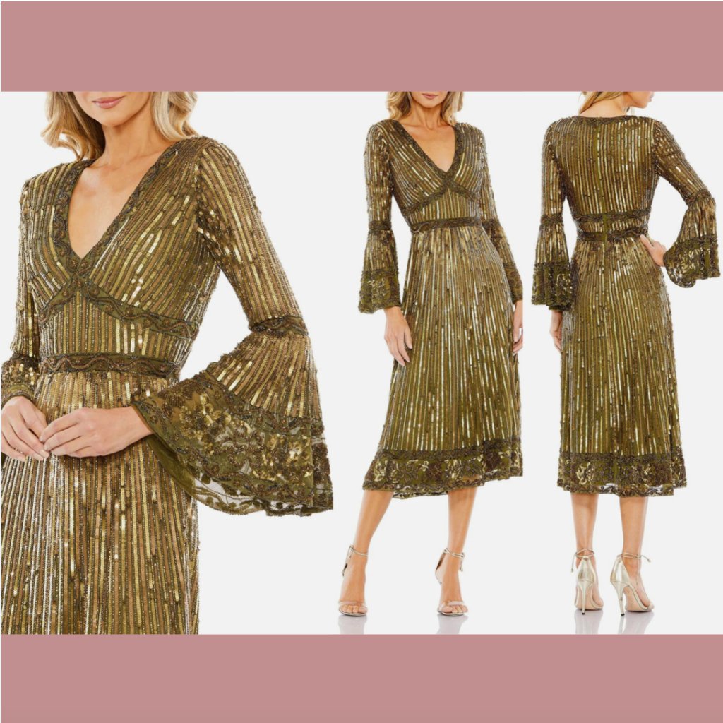 Nwt $598 Mac Duggal [ 14 ] Embellished 3/4 Sleeve V-Neck A Line Dress Olive Q587